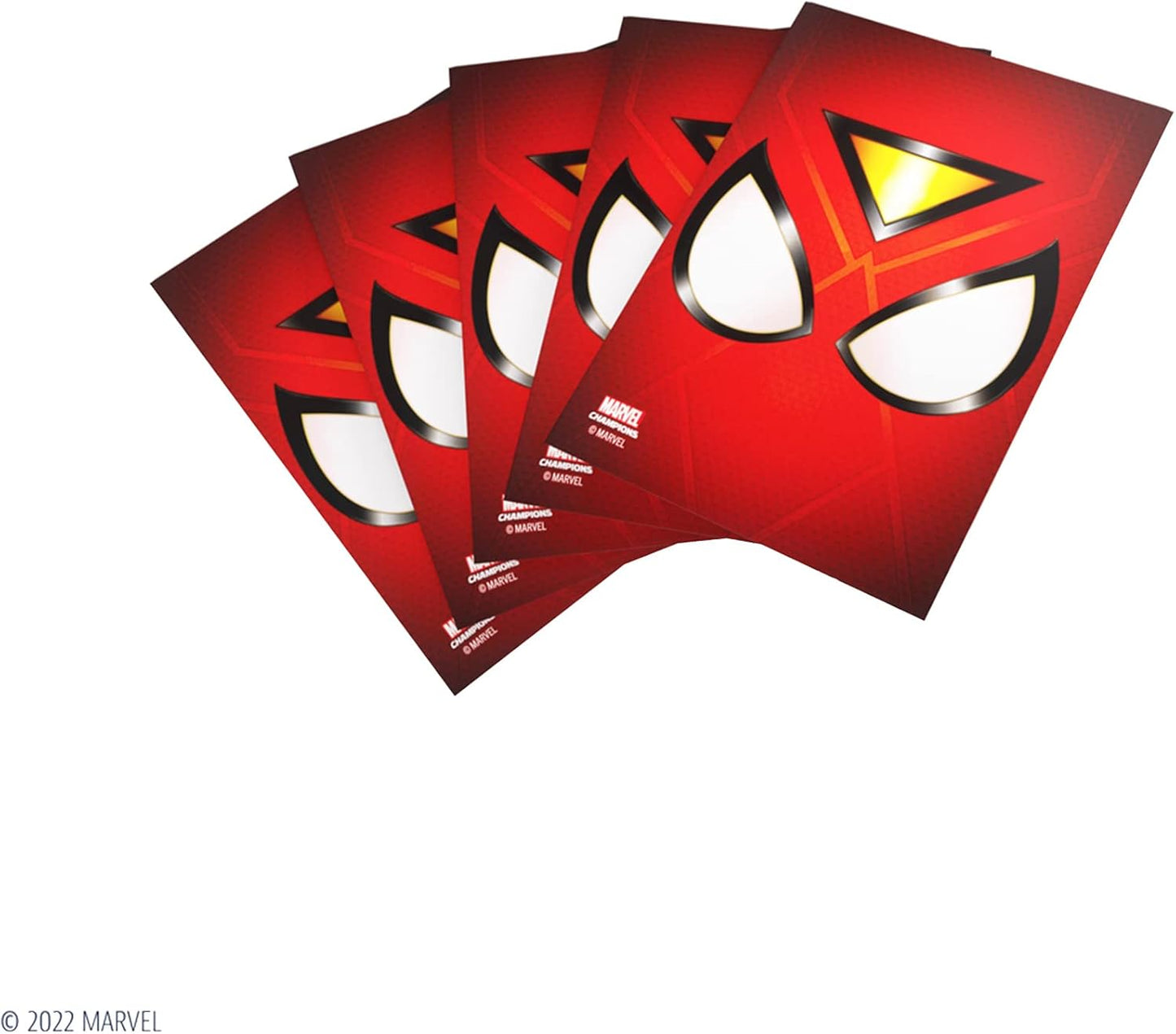 Multiple Marvel Champions card sleeves fanned out, displaying the red and white Spider-Man mask design