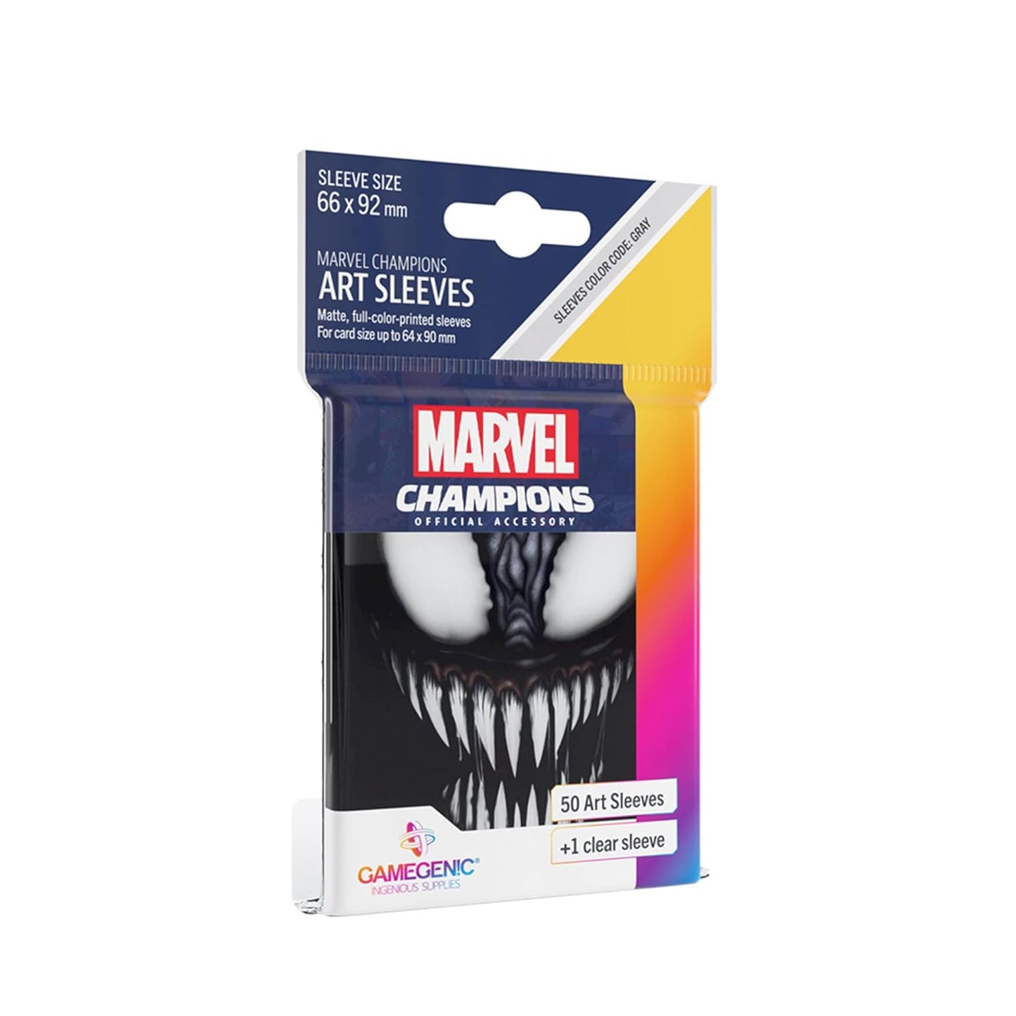 Marvel Champions Art Sleeves package, 66x92mm, featuring Venom's face (white eyes and sharp teeth)