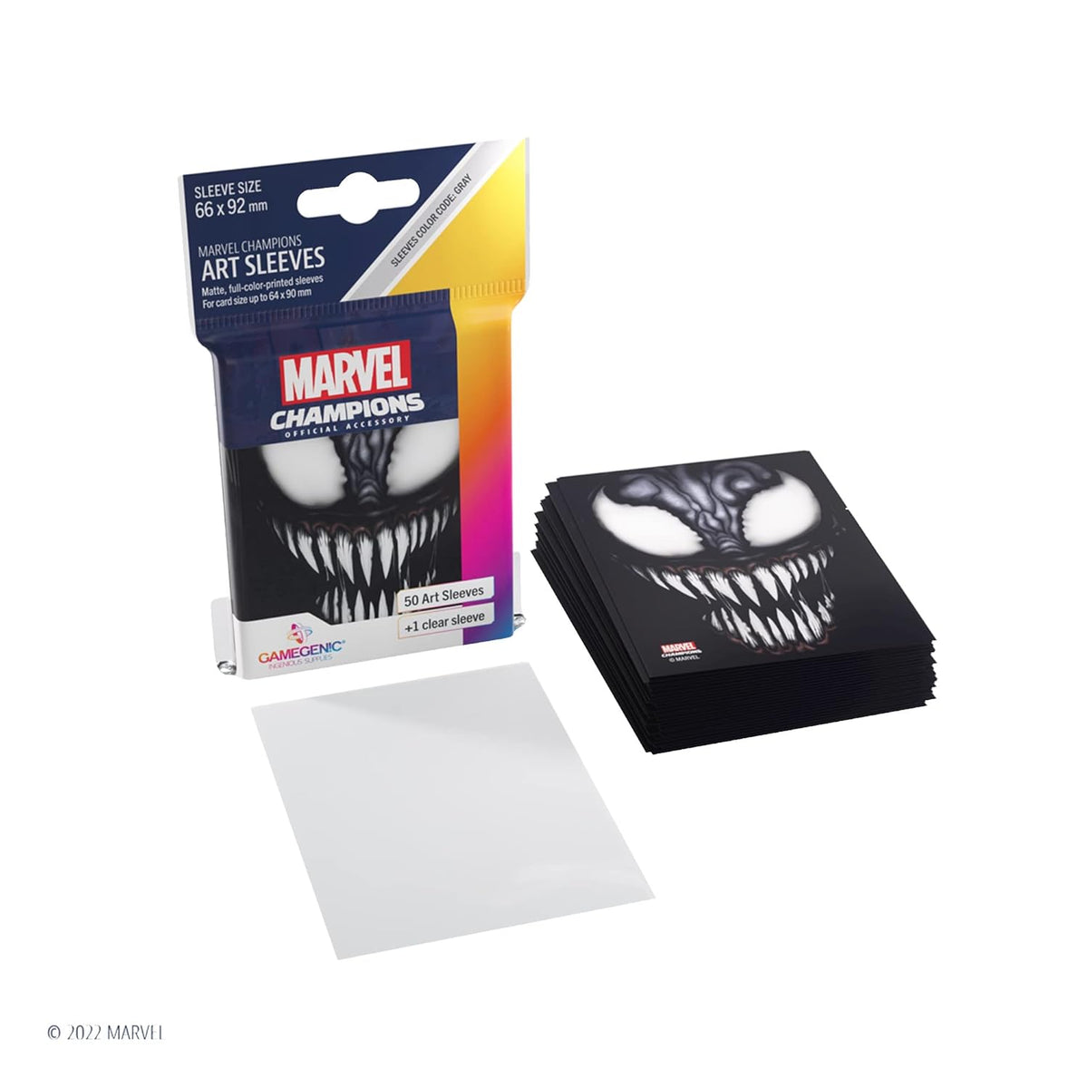 Marvel Champions Art Sleeves (66x92mm) featuring Venom&#39;s face, package displayed with a stack of sleeves