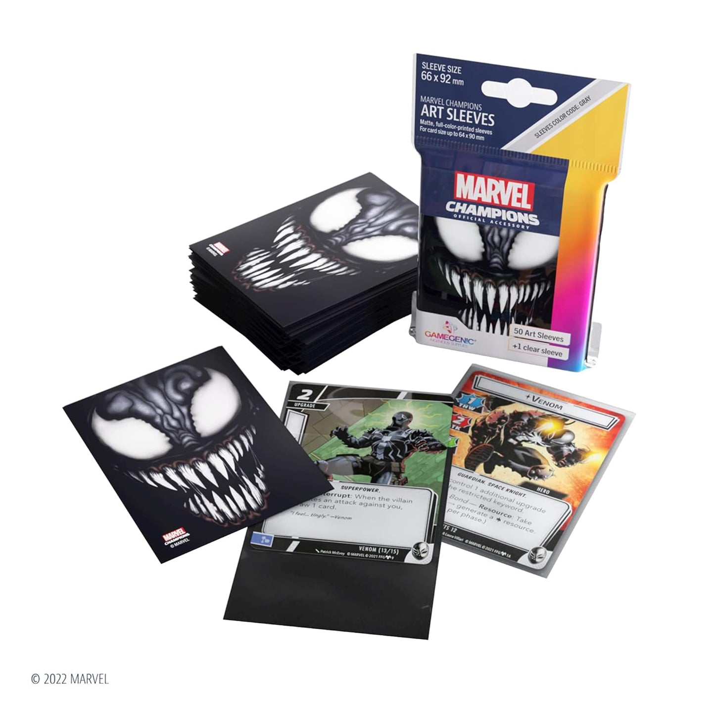 Marvel Champions Art Sleeves package and a stack of black card sleeves, all featuring Venom’s iconic face