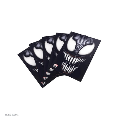 Fanned stack of four black Marvel card sleeves printed with Venom's face and sharp teeth