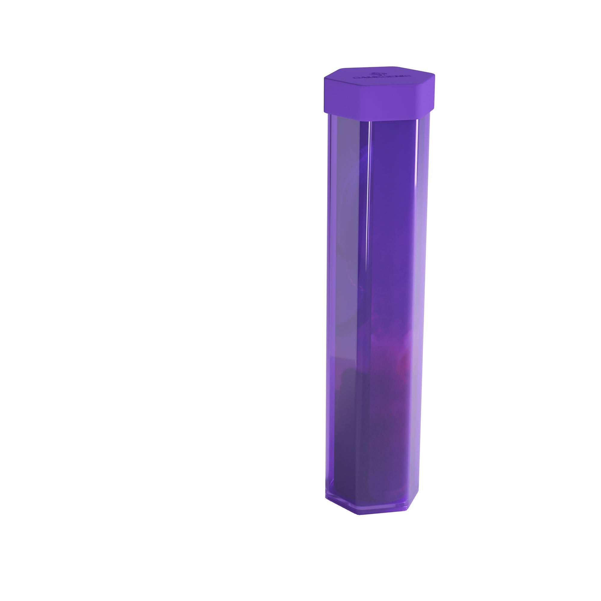 A tall, hexagonal, transparent purple playmat tube with a "GAMEGENIC" logo on its cap, isolated on white