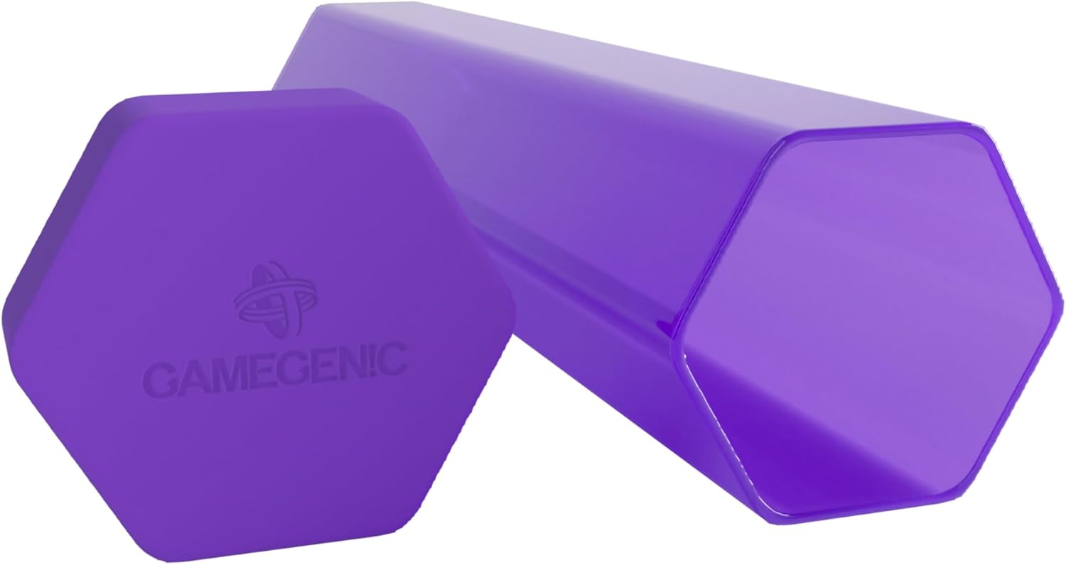 Purple hexagonal Gamegenic playmat tube: a translucent tube and an opaque lid with the brand logo