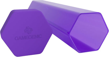 Purple hexagonal Gamegenic playmat tube: a translucent tube and an opaque lid with the brand logo