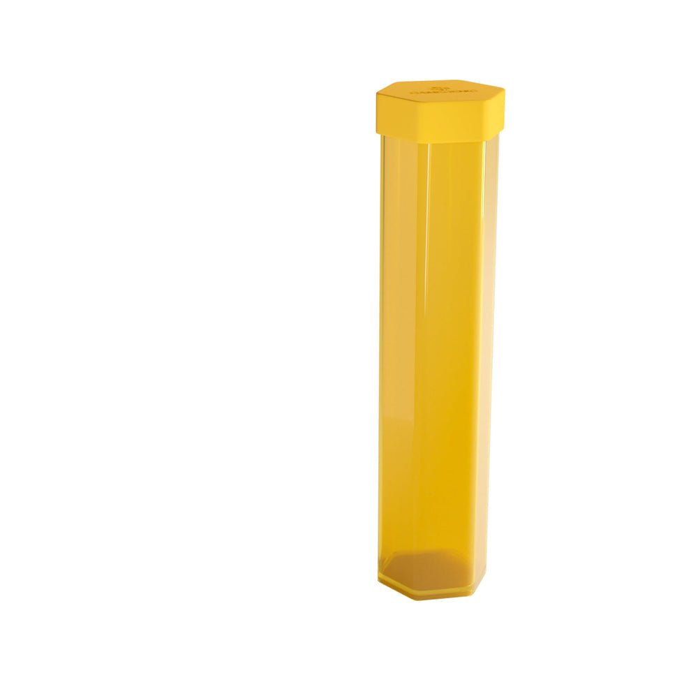 Tall, hexagonal amber plastic tube container with a yellow cap, isolated on white