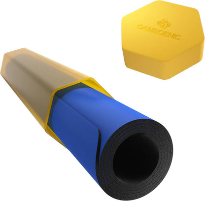 Rolled blue playmat storage tube and separate yellow Gamegenic hexagonal magnetic box lid