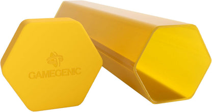 Yellow hexagonal plastic storage tube and cap, embossed with the Gamegenic logo