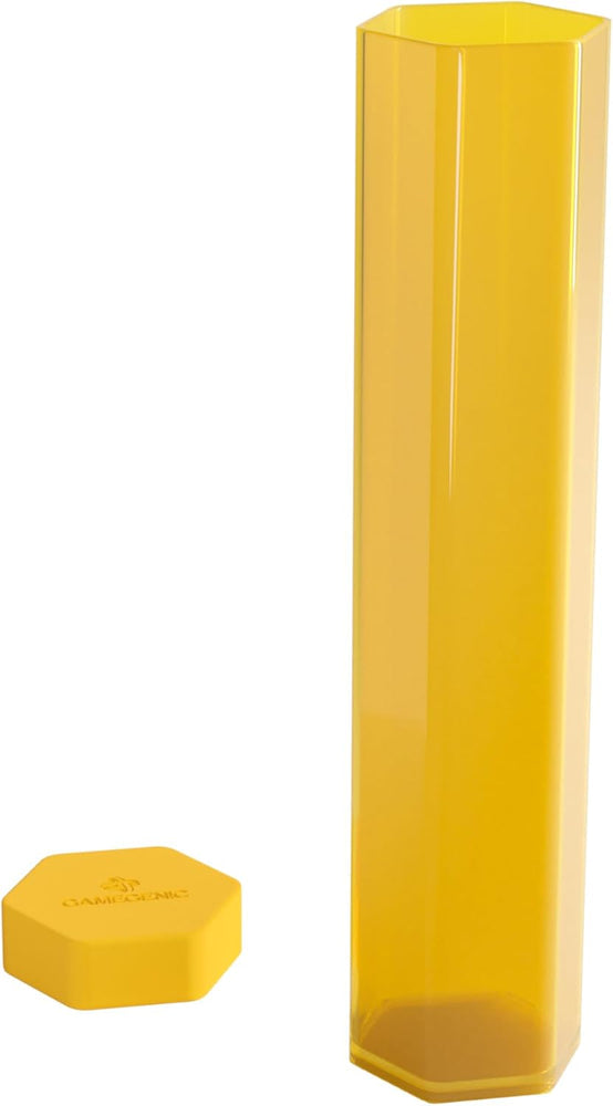 Yellow hexagonal translucent gaming container tube and separate Gamegenic cap