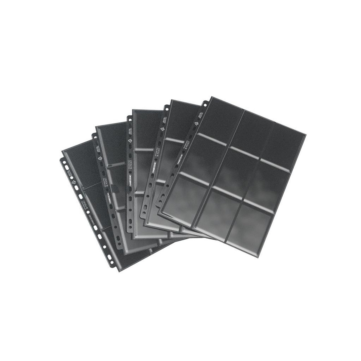 Multiple black Gamegenic 18-pocket trading card protector side-loading pages fanned out