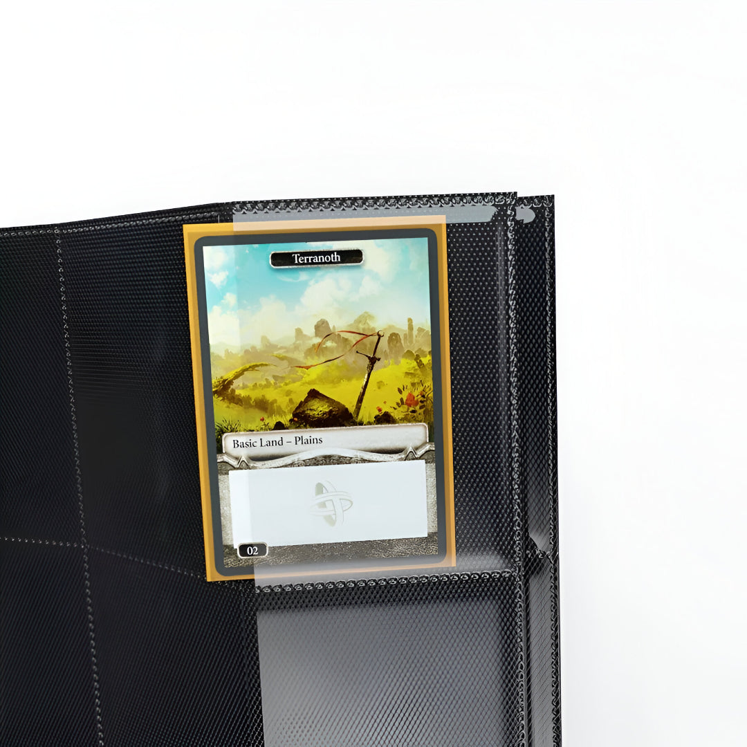 Trading card (Basic Land - Plains) being slid into a clear, side-loading pocket of a black textured binder page