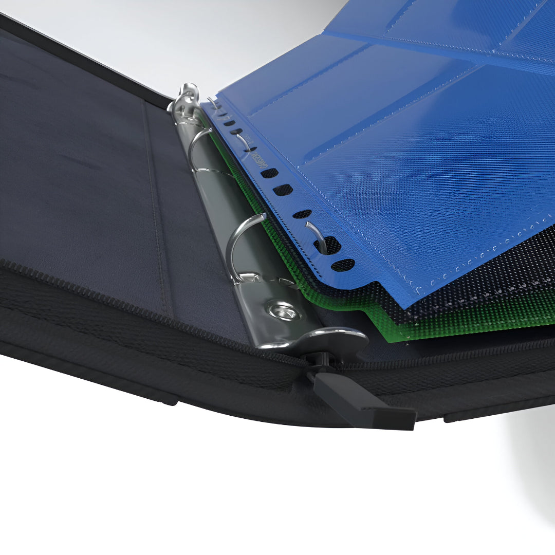 Open zippered collector&#39;s binder with metal rings and blue and green card protector side-loading pocket