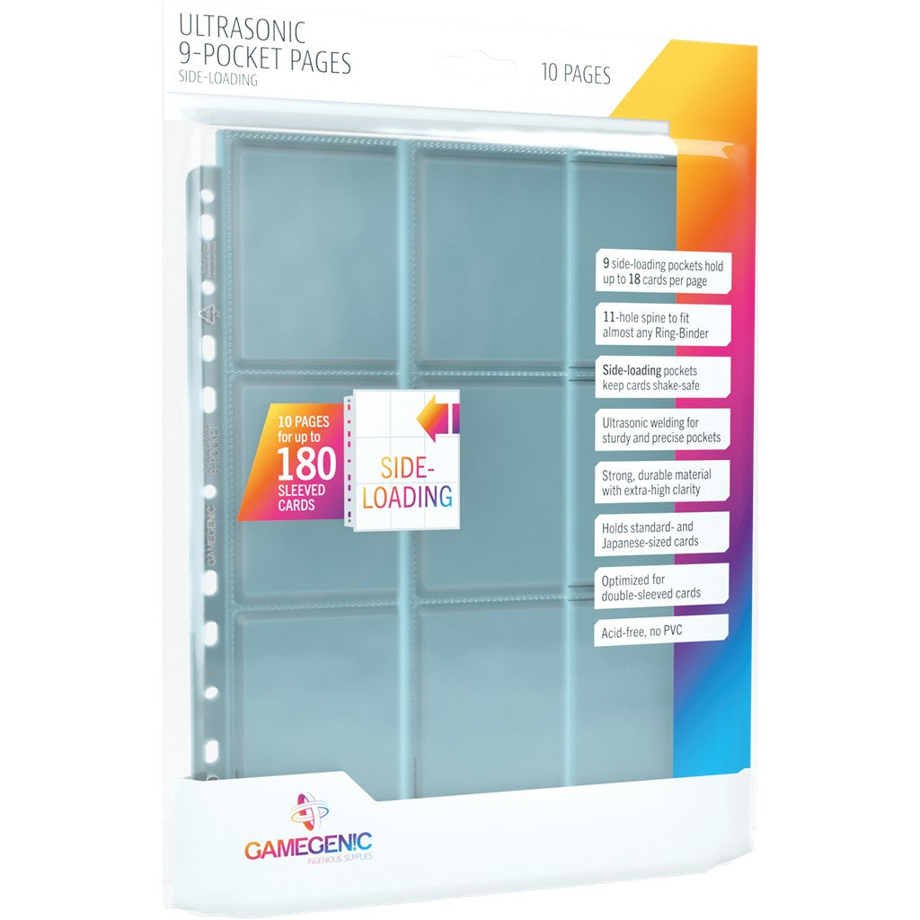 Pack of 10 Gamegenic Ultrasonic 9-Pocket side-loading binder pages for trading cards. Clear plastic, 9 pockets per page