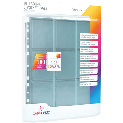 Pack of 10 Gamegenic Ultrasonic 9-Pocket side-loading binder pages for trading cards. Clear plastic, 9 pockets per page