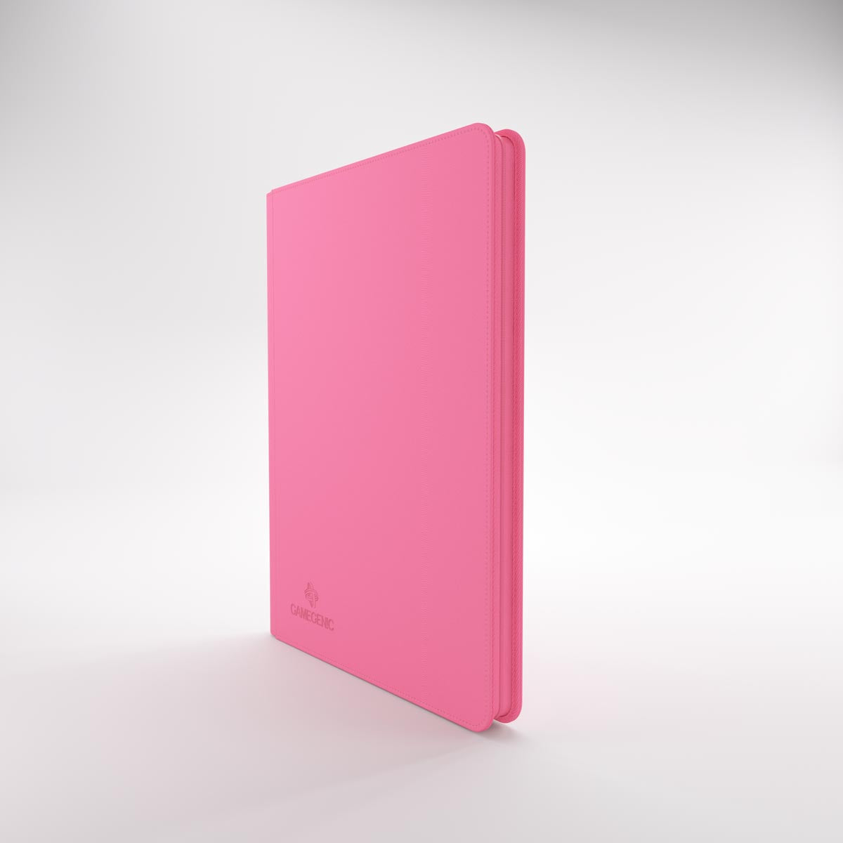 Bright pink Gamegenic trading card Zip-Up Album standing vertically