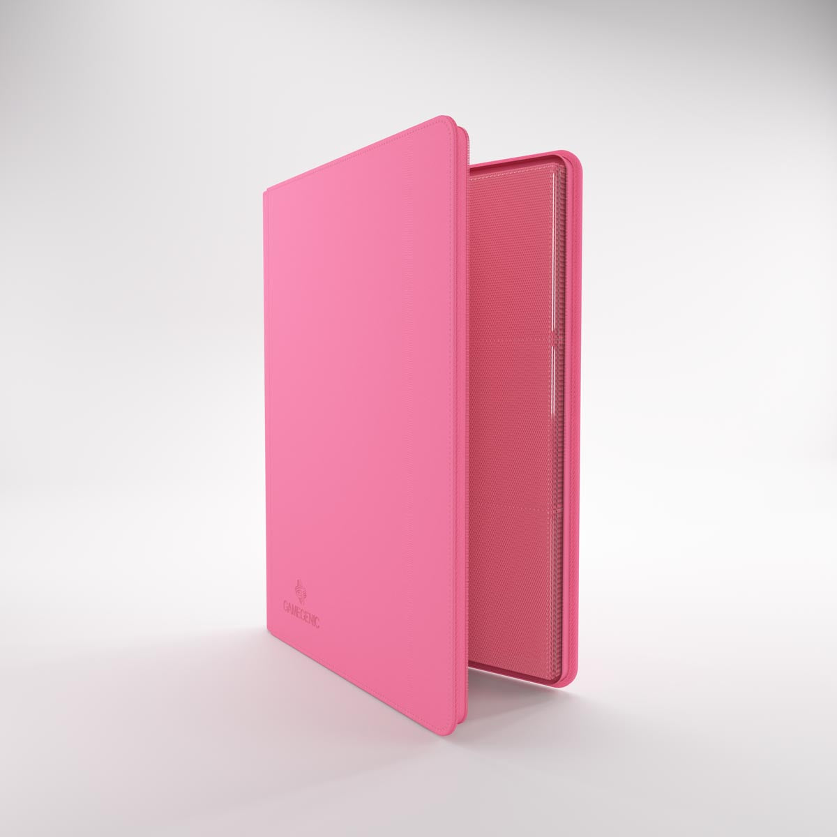 Bright pink Gamegenic trading card Zip-Up Album standing slightly open