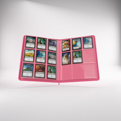 Open pink Gamegenic trading card Zip-Up Album filled with illustrated collector cards
