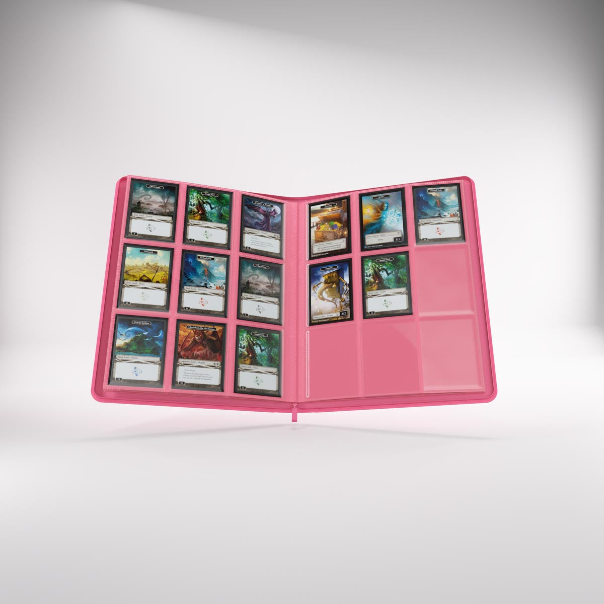 Open pink Gamegenic trading card Zip-Up Album filled with illustrated collector cards