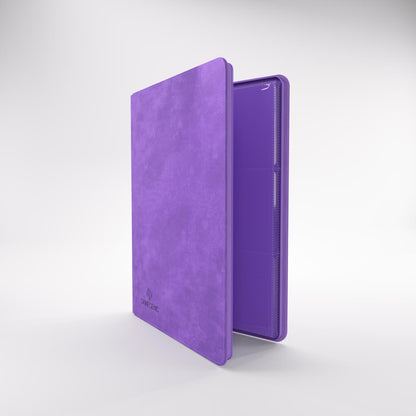Purple suede Gamegenic trading card Zip-Up Album standing open, revealing internal card sleeves
