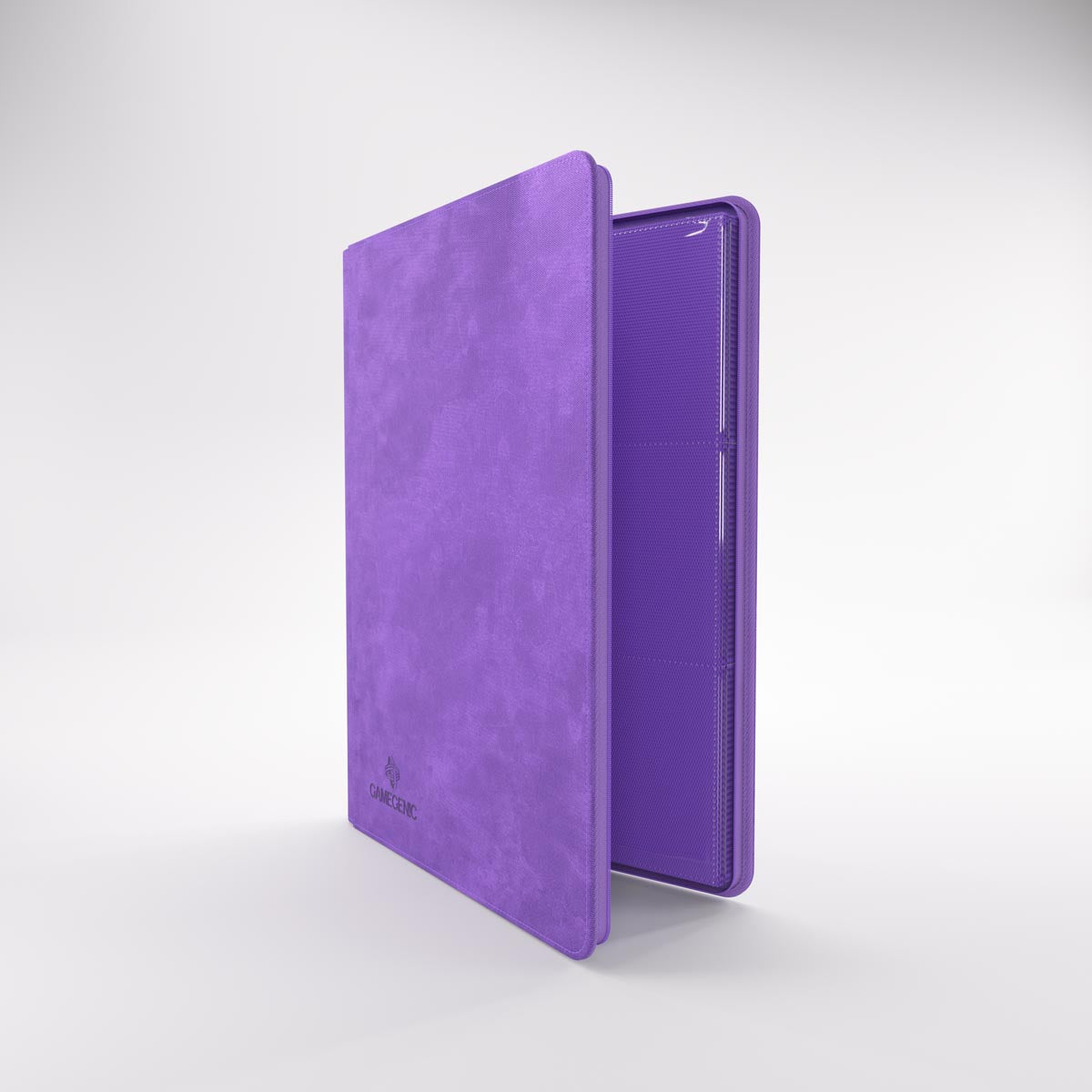 Purple suede Gamegenic trading card Zip-Up Album standing open, revealing internal card sleeves