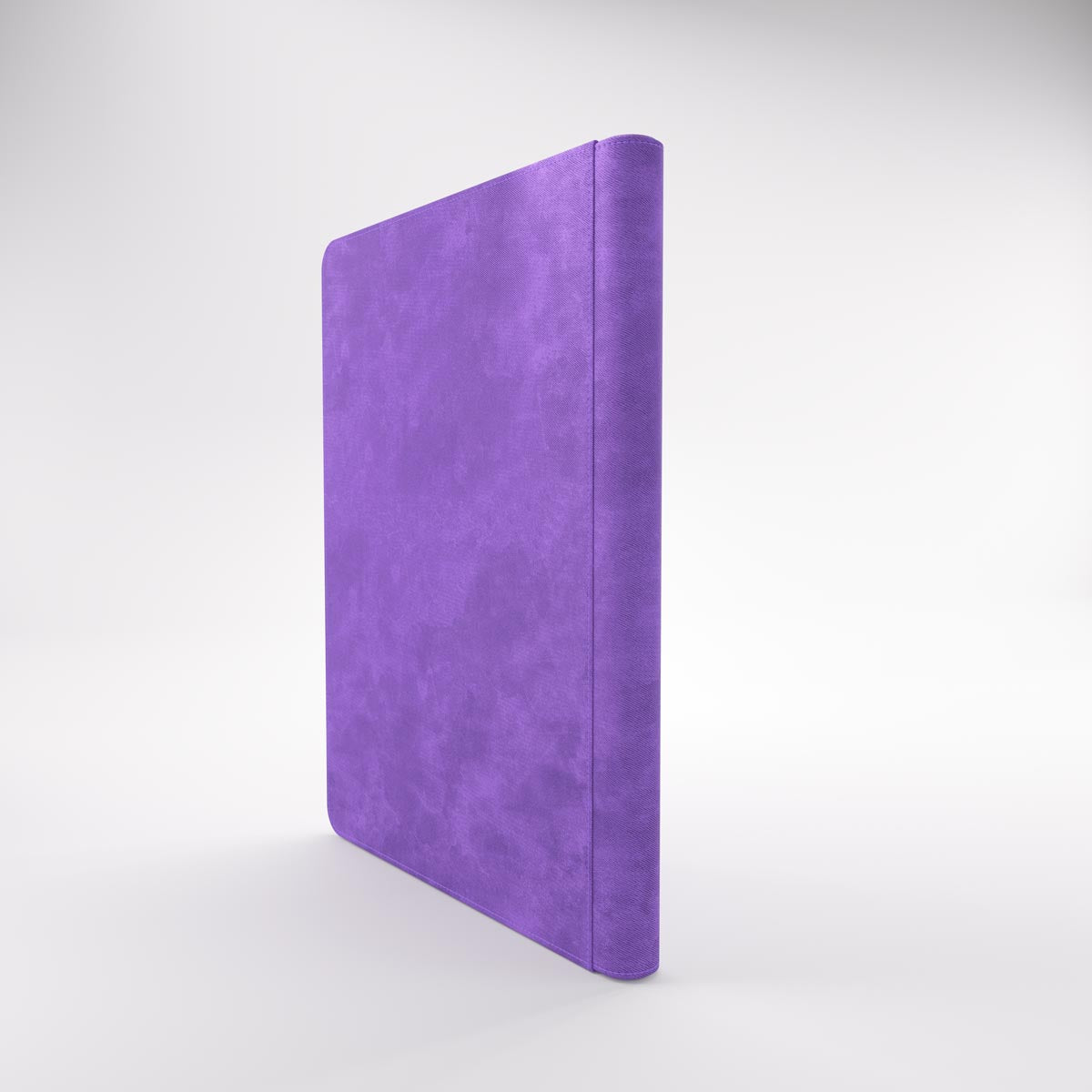 Vertical purple suede-textured Gamegenic trading card Zip-Up Album standing on a white surface