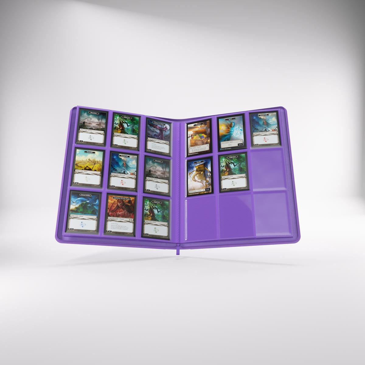 Open purple Gamegenic trading card Zip-Up Album displaying collectible trading cards in clear plastic sleeves
