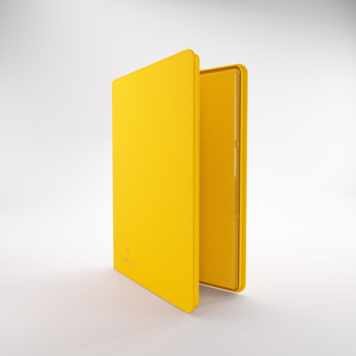 Bright yellow Gamegenic trading card Zip-Up Album, partially open, revealing clear inner sleeve pages