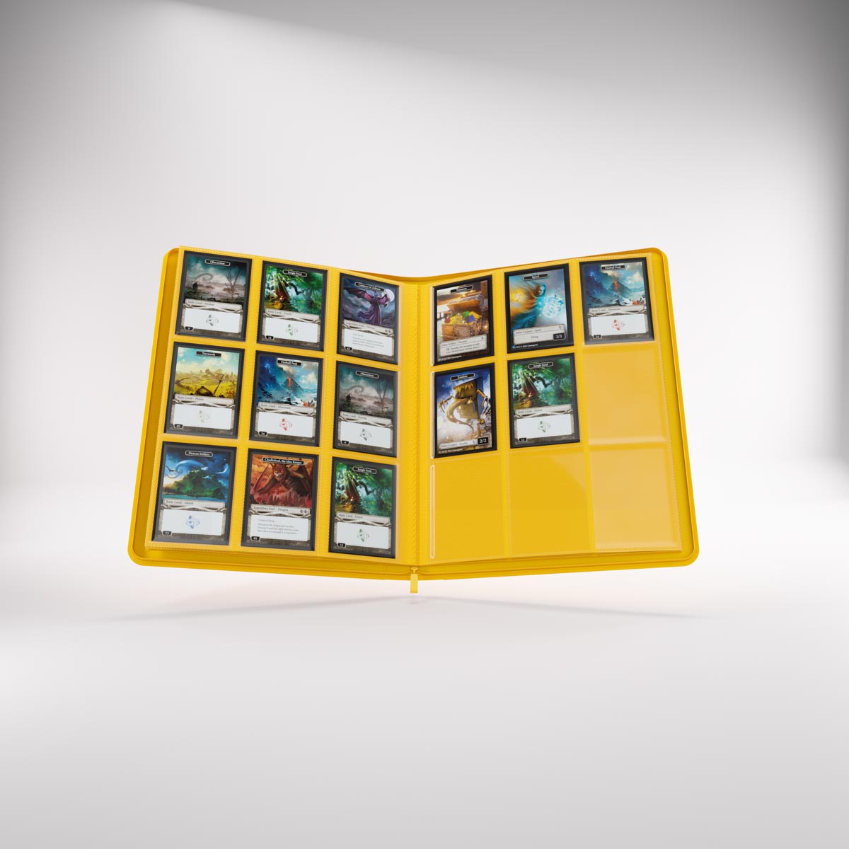 Open yellow Gamegenic trading card Zip-Up Album displaying multiple collectible cards in clear sleeves
