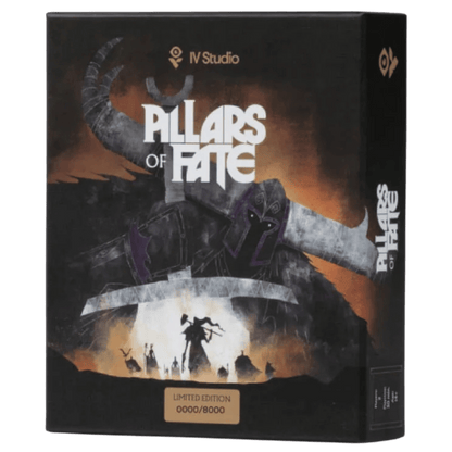 Board game box for Pillars of Fate. Artwork shows a horned giant towering over fighting figures in dark fantasy style