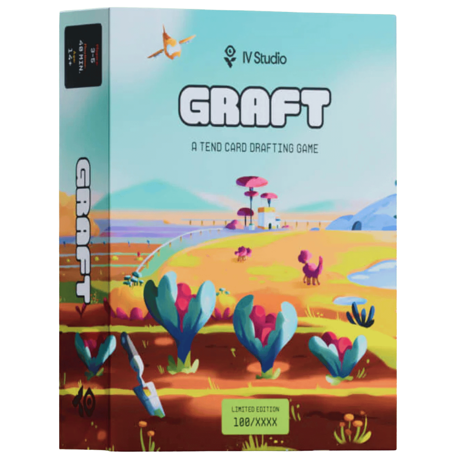 GRAFT card drafting game box featuring colourful alien garden artwork, large plants, and a shovel