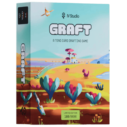GRAFT card drafting game box featuring colourful alien garden artwork, large plants, and a shovel