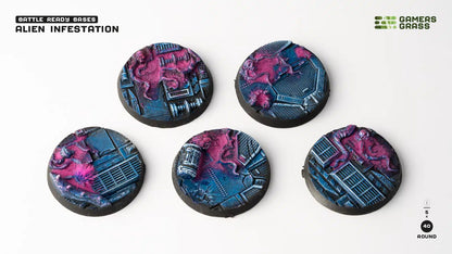 Five miniature bases depicting vibrant pink alien infestation sprawling over dark blue sci-fi industrial terrain
