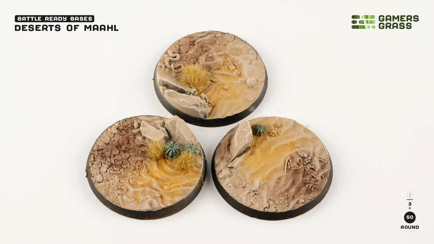 Three "Deserts of Maahl" battle-ready miniature bases, featuring textured sand, rocks, dry grass and cacti