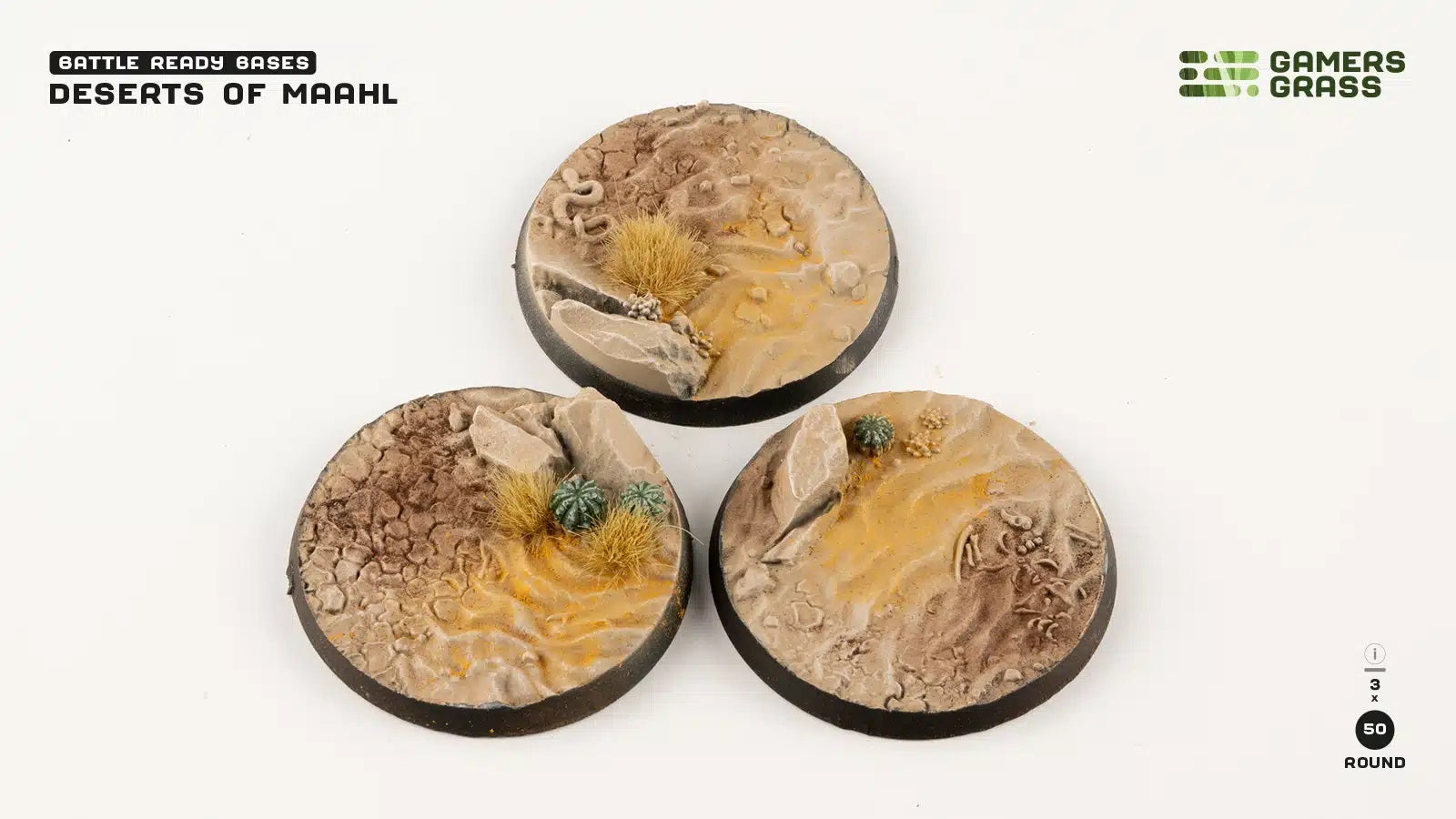 Three "Deserts of Maahl" battle-ready miniature bases, featuring textured sand, rocks, dry grass and cacti