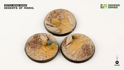 Three "Deserts of Maahl" battle-ready miniature bases, featuring textured sand, rocks, dry grass and cacti