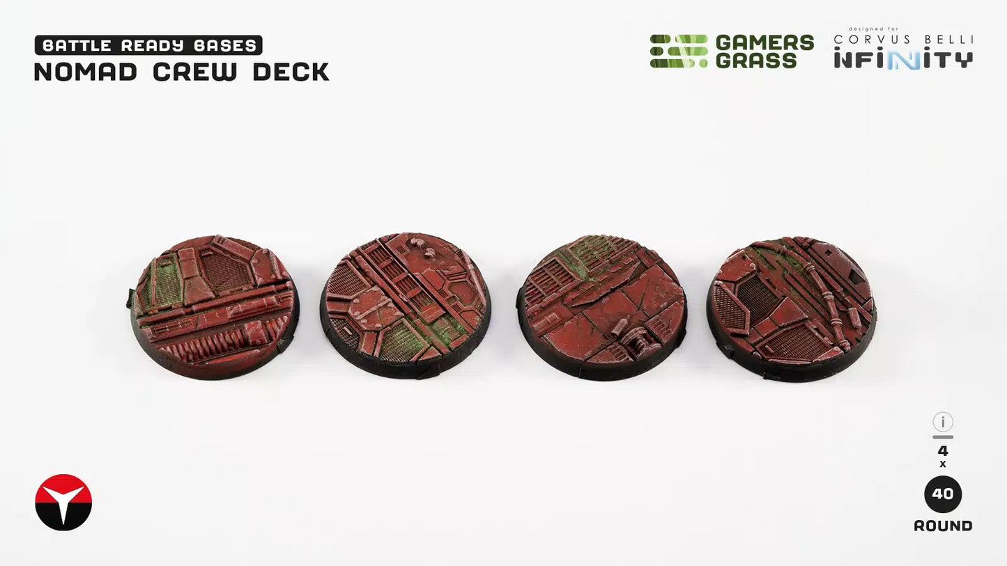 Four battle-ready, 40mm round miniature bases with weathered red and green sci-fi industrial textures for Nomad Crew Deck