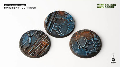 Three circular "Spaceship Corridor" miniature bases, detailed with sci-fi metal panels, grates and rusted pipes
