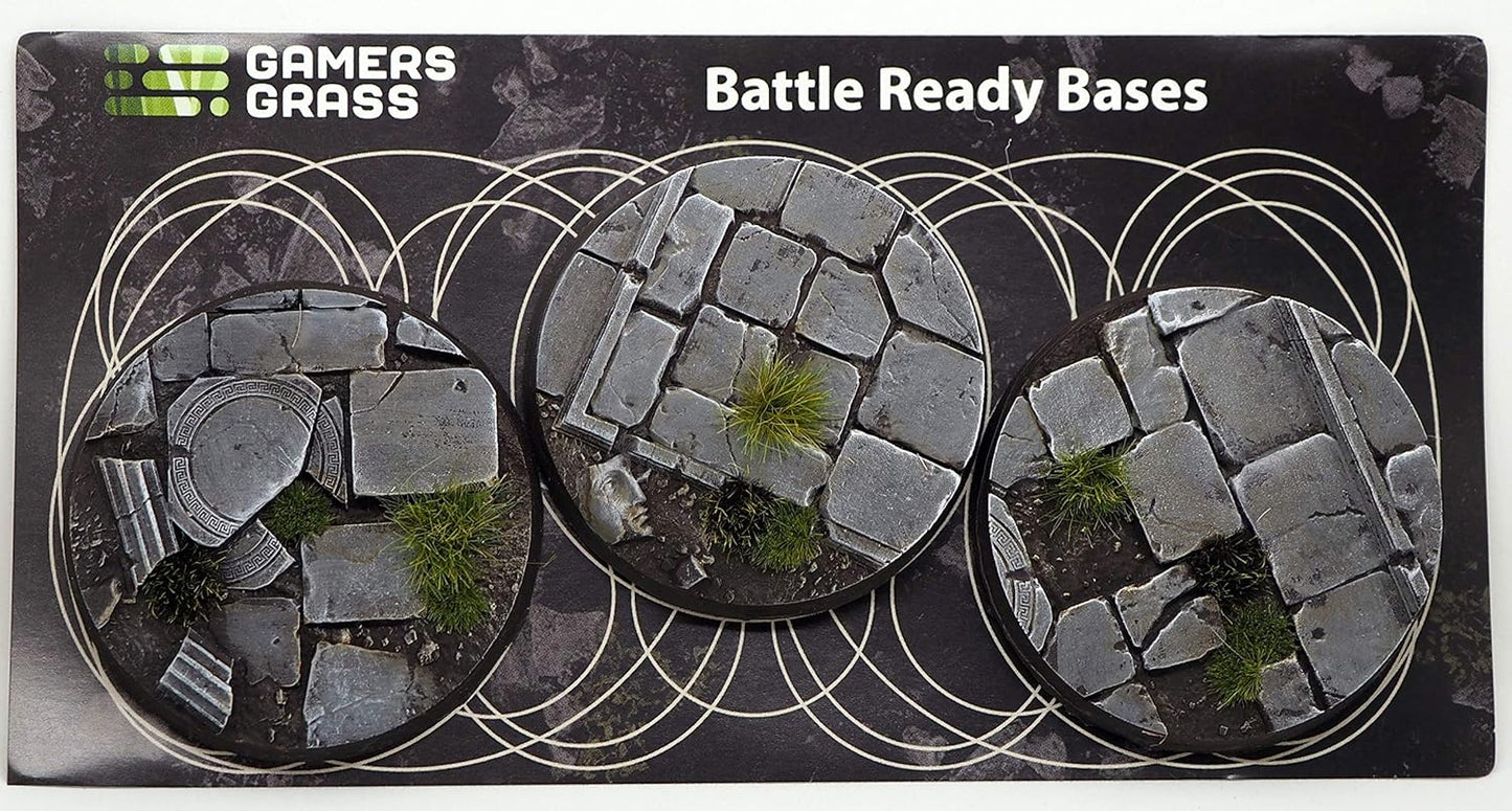 Three Gamers Grass "Battle Ready Bases": circular miniature bases with ruined stone, overgrown grass and ancient fragments