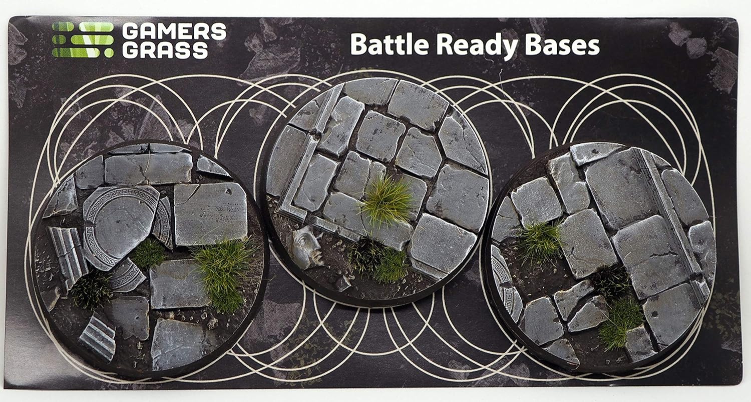 Three Gamers Grass "Battle Ready Bases": circular miniature bases with ruined stone, overgrown grass and ancient fragments
