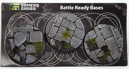 Three Gamers Grass "Battle Ready Bases": circular miniature bases with ruined stone, overgrown grass and ancient fragments
