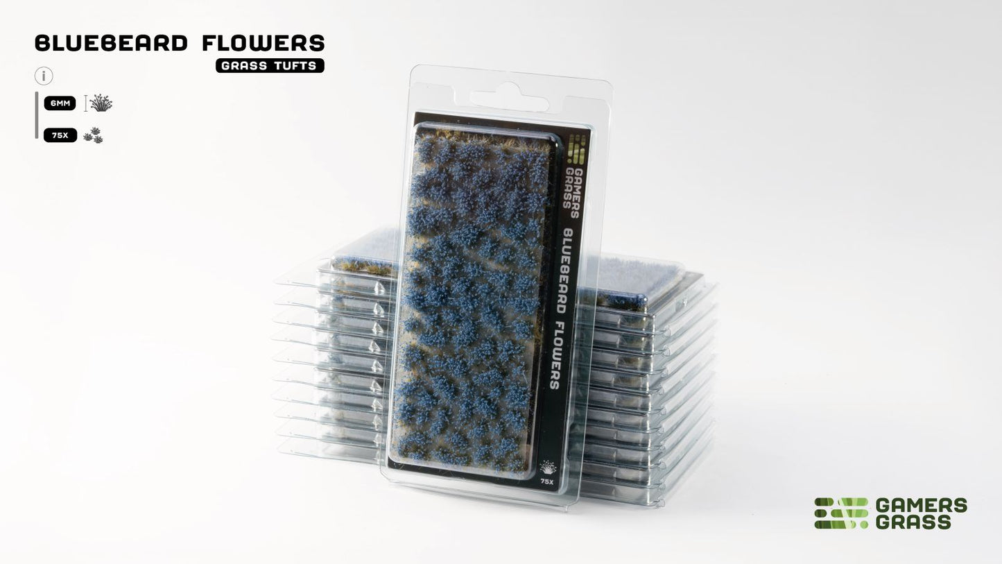 Clear package of Bluebeard Flowers grass tufts (6mm model scenery) with a stack of more packages behind it