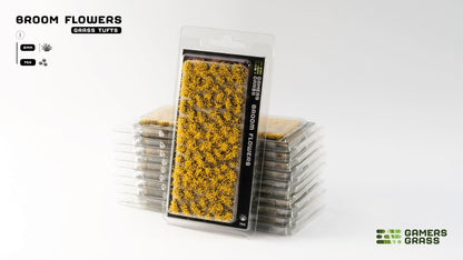 Yellow "Broom Flowers" grass tufts by Gamers Grass, packaged and stacked