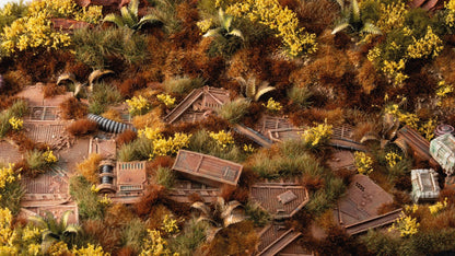 Overgrown sci-fi diorama with rusted modular structures, pipes, and crates amidst green and brown grass, broom flowers