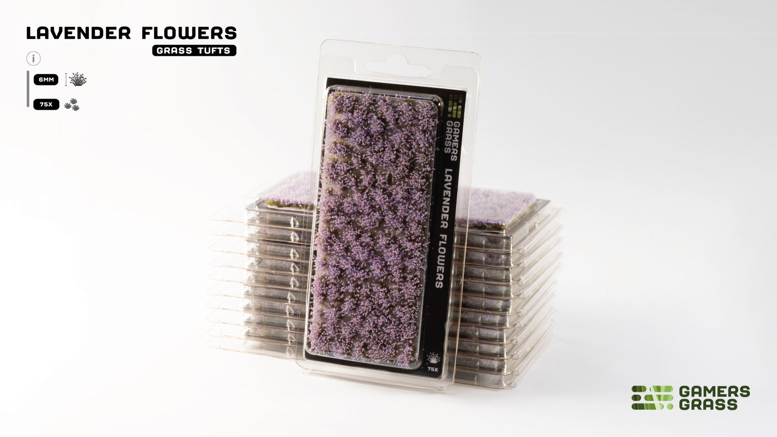 Gamers Grass Lavender Flowers tufts in clear packaging, showing small purple flower clusters, with packs stacked behind