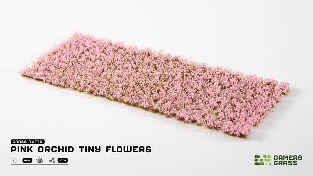 A rectangular sheet of tiny pink orchid flowers, 4mm grass tufts for miniature scenery
