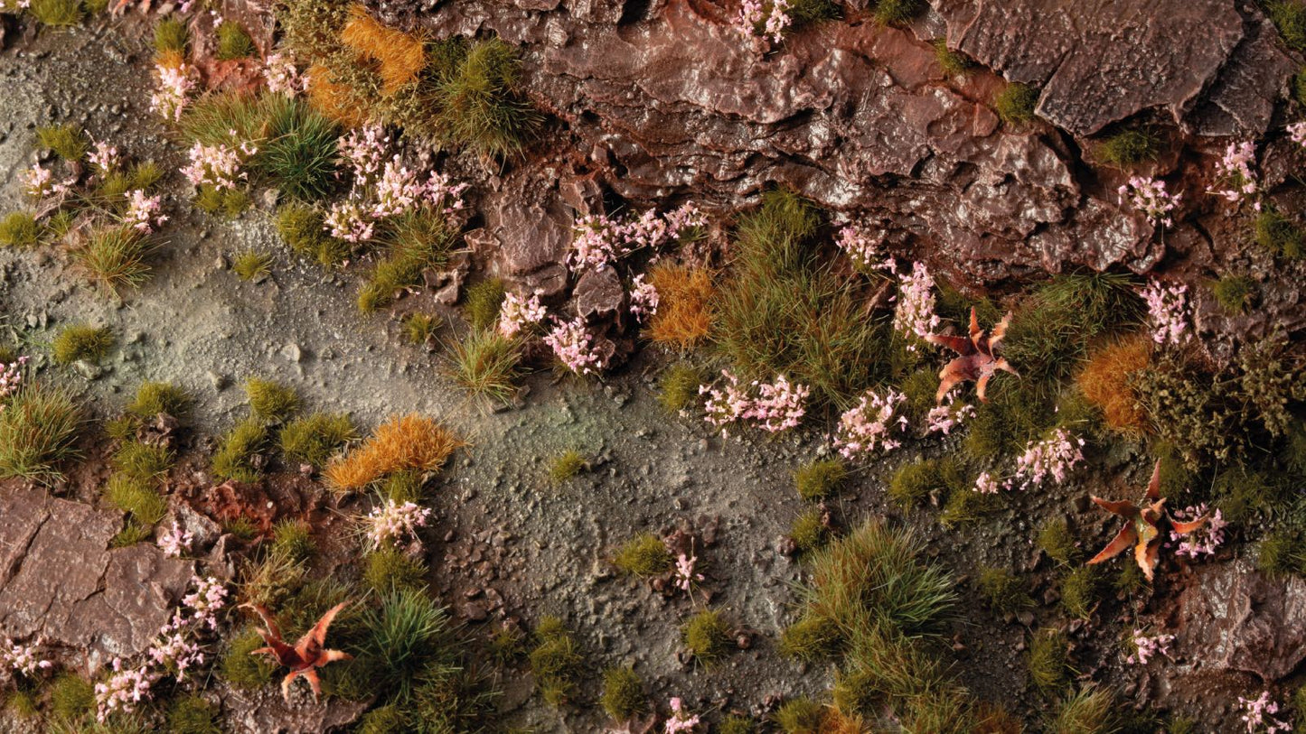 Detailed miniature terrain: textured brown earth, patches of green and golden grass, scattered pink flowers, and a gray winding path