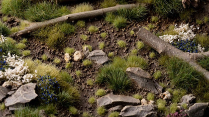Miniature forest floor diorama with green grass, rocks, logs, and tiny white and blue flowers