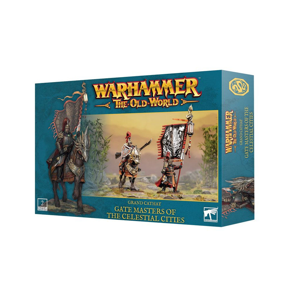 Warhammer: The Old World 'Grand Cathay Gate Masters of The Celestial Cities' box with three armored miniatures; one cavalry, one on a beast, one with banner