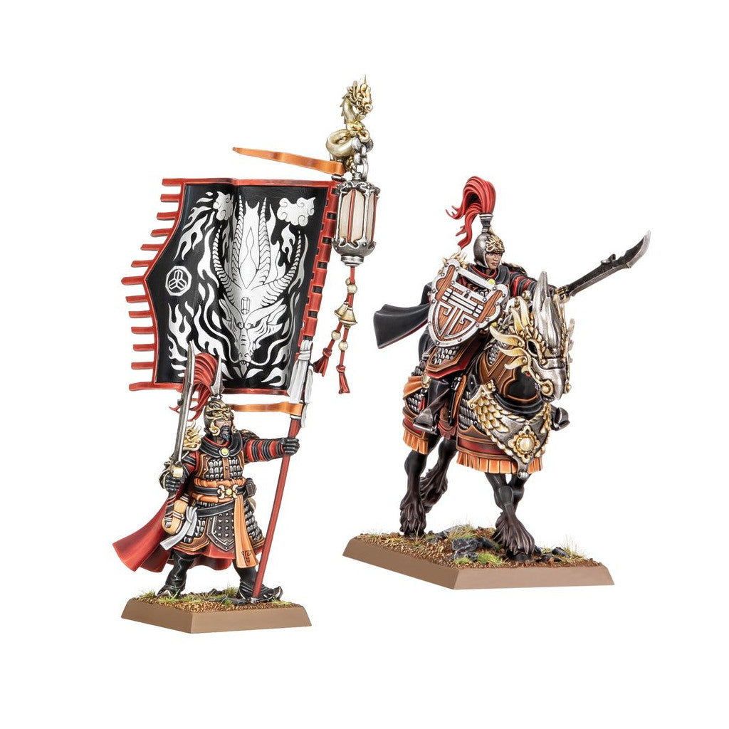 Two armored fantasy miniatures: a warrior holding a dragon banner, and a knight riding an armored horse