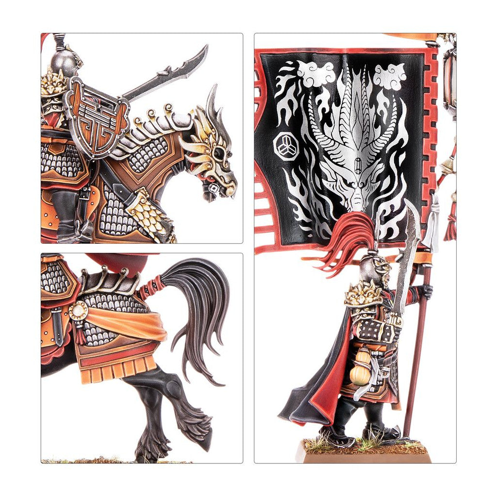 Two miniature figures: an armored mounted warrior on a barded horse, and a standard-bearer with a black dragon banner