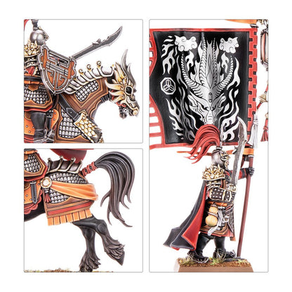 Two miniature figures: an armored mounted warrior on a barded horse, and a standard-bearer with a black dragon banner